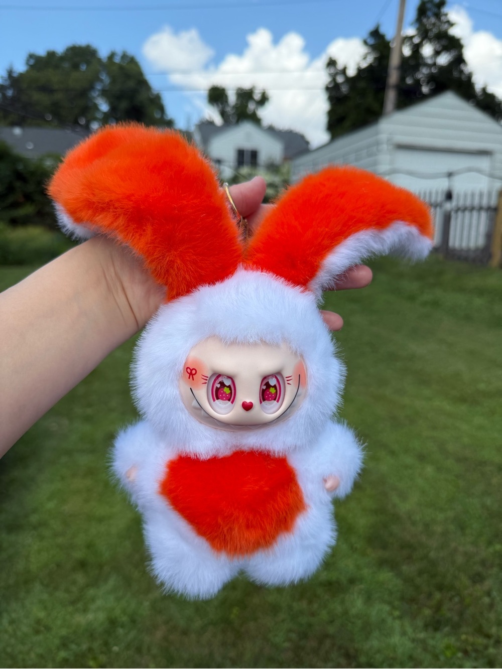 Orange Labubu Bunny Monster Plush Pet Toy with Faux Fur Keychain Charm for Kids